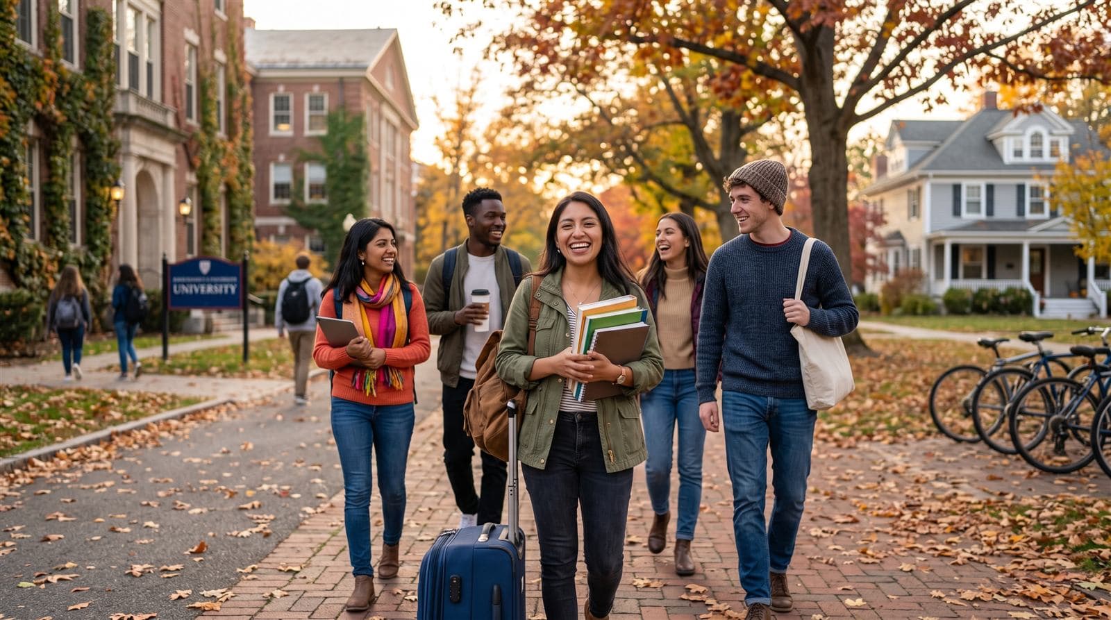 Au Pairs caminando por un campus universitario en EE. UU.