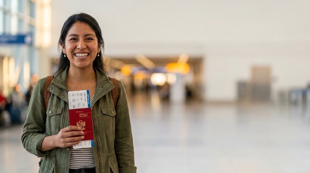 Alumna sonriendo con su pasaporte y pasaje a Estados Unidos.