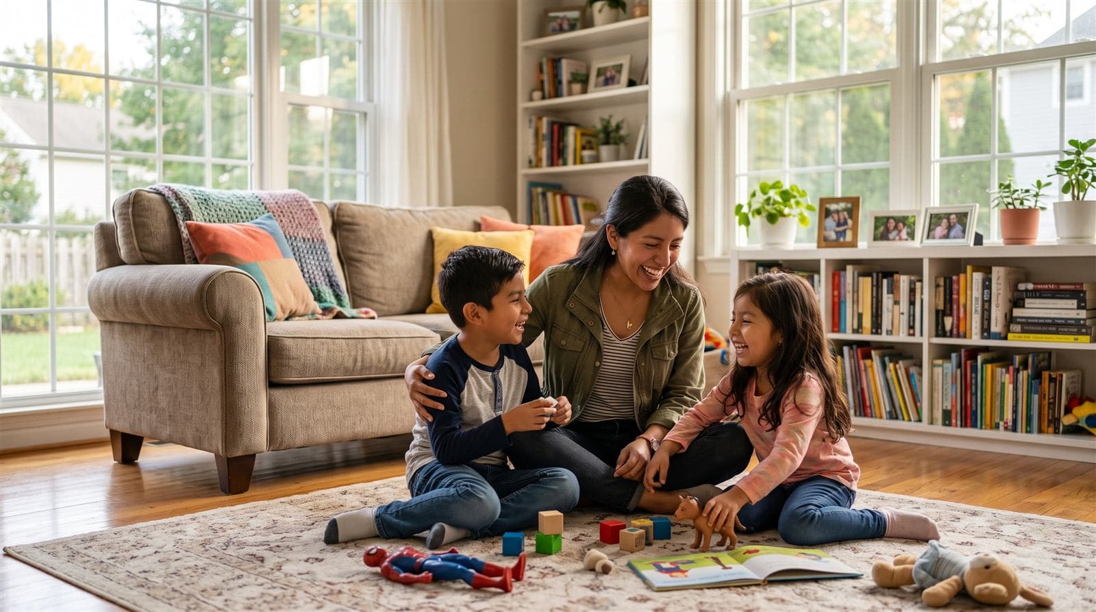 Au Pair jugando con los niños de su familia anfitriona en EE. UU.
